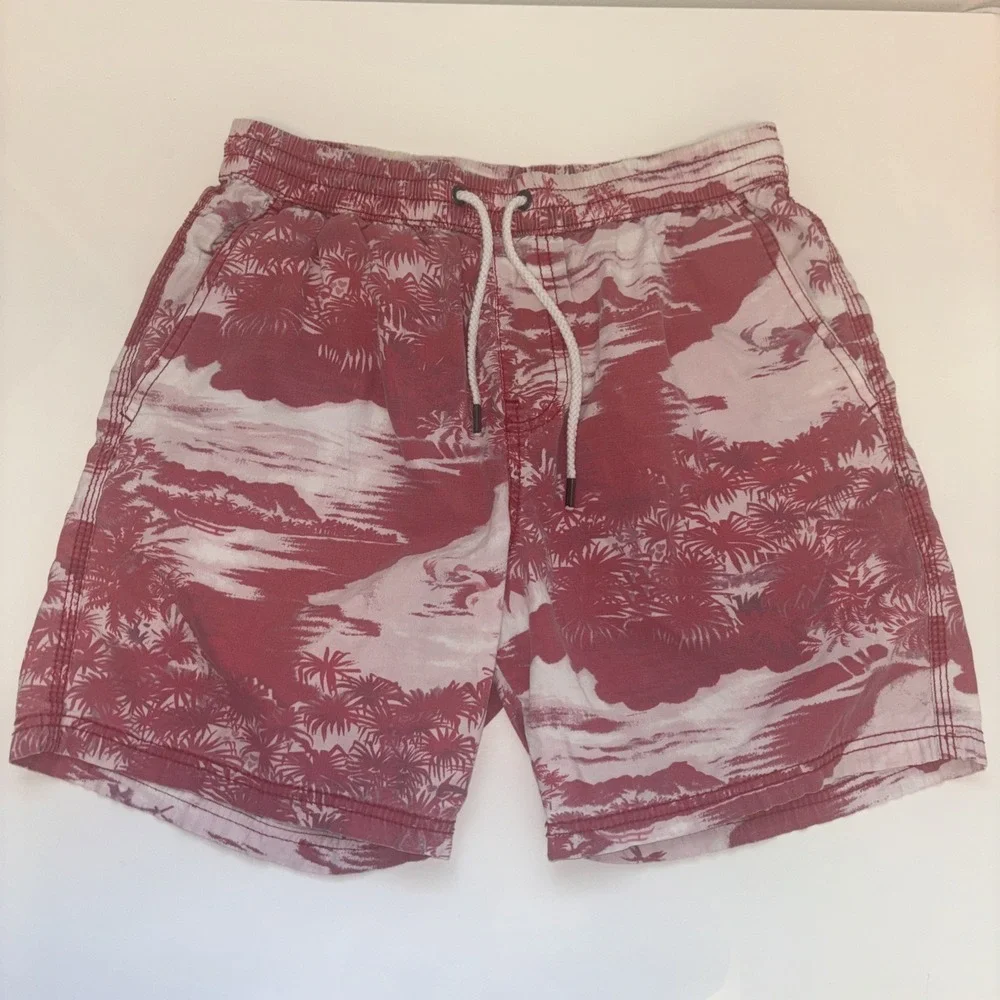 Cotton On Beach Short Mens XS Red White Tropical PalmTree Toile Print Drawstring